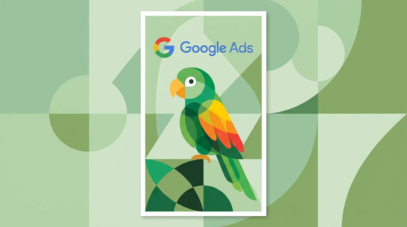 Ilustração geométrica minimalista de um papagaio com a logo do Google Ads acima dele,