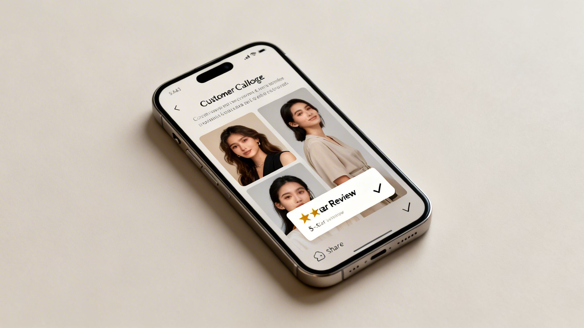 An iPhone displays a customer collage with photos of three women and a 5-star review pop-up.