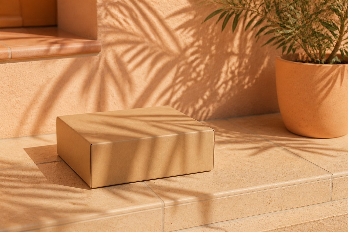 A kraft parcel on a sunlit doorstep with a palm shadow across it