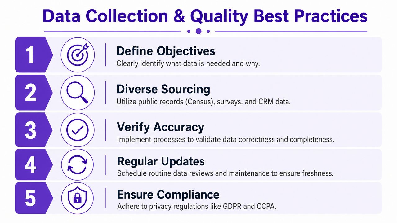 A five-step infographic outlining essential best practices for effective data collection and quality maintenance in business.