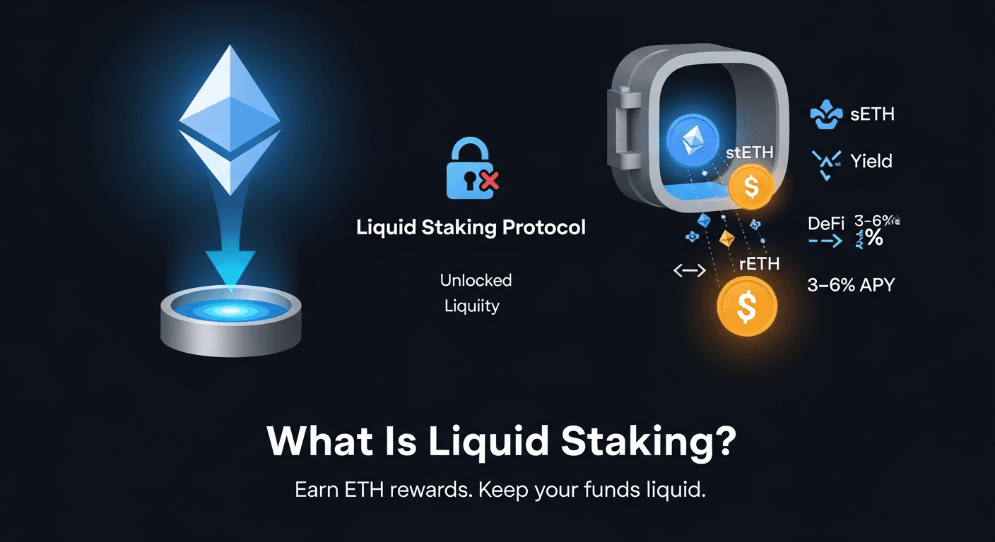 Diagram showing ETH flowing into a liquid staking protocol and an LST token flowing back to the user, with DeFi protocol icons in the background