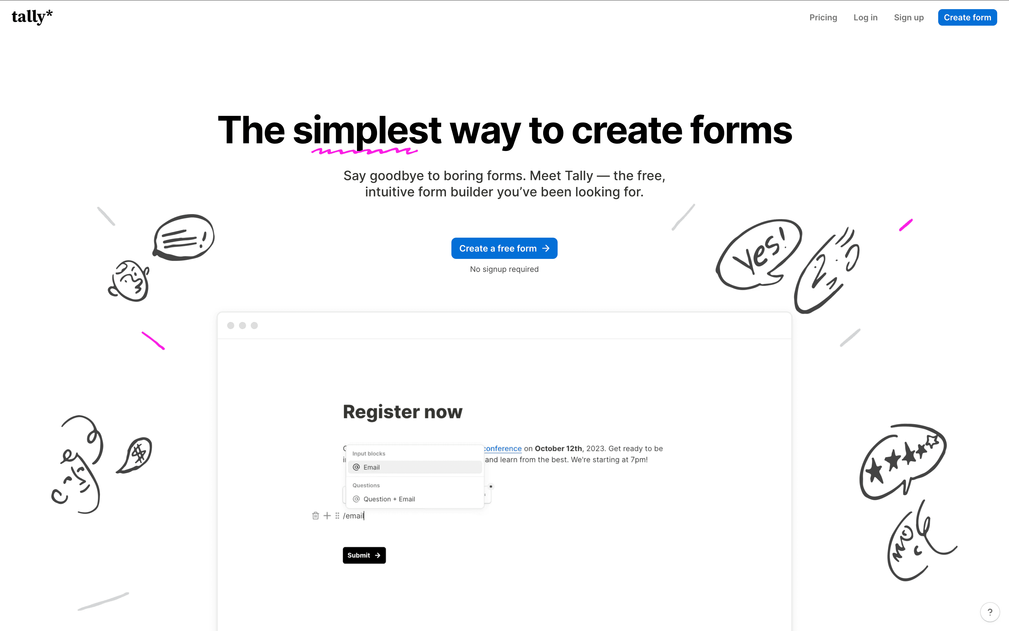 Tally homepage no-code form builder