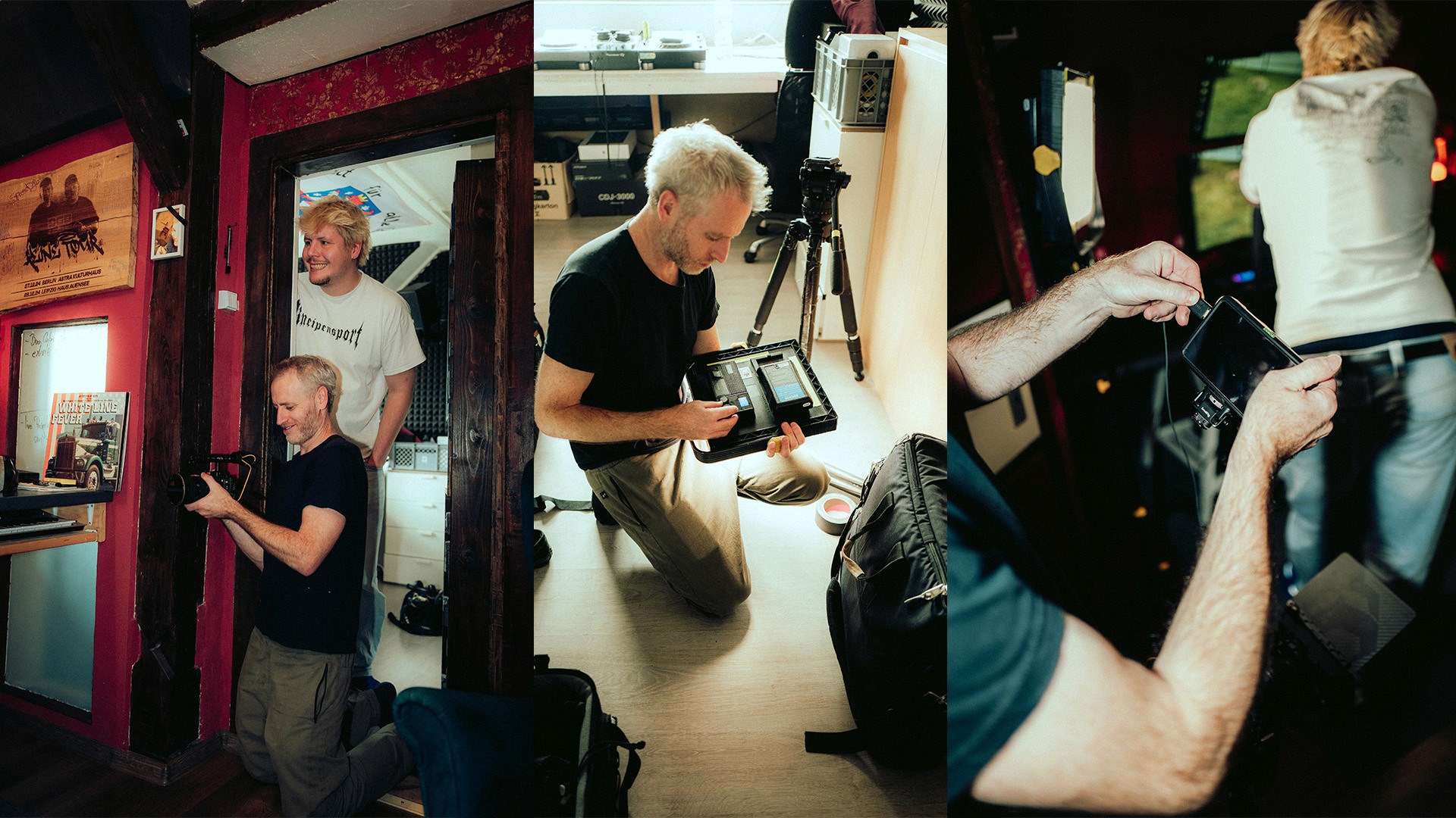 kamermann bei aufbau einer kamera und licht, graue haare alt, arte 