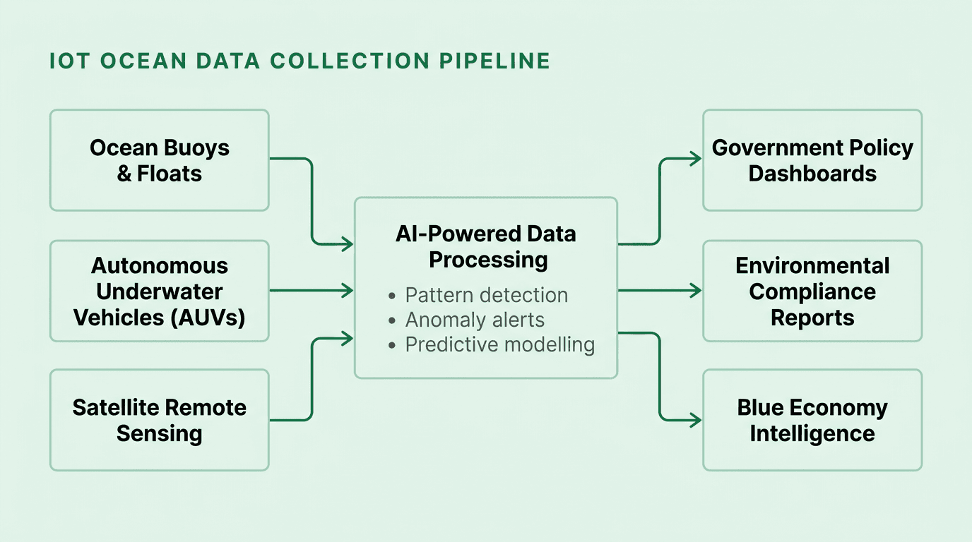 IoT ocean data collection pipeline showing sensors feeding into AI-powered processing and outputting government dashboards, compliance reports, and blue economy intelligence