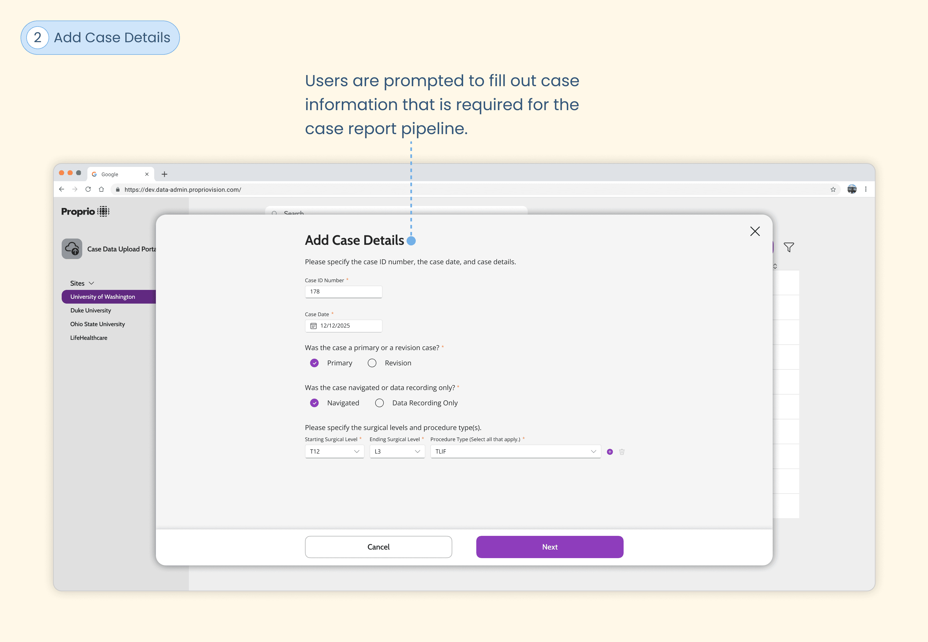 Upload wizard and description of Add Case Details step