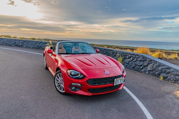 Red Fiat 124 Spider For Rent In Kona On Big Island of Hawaii