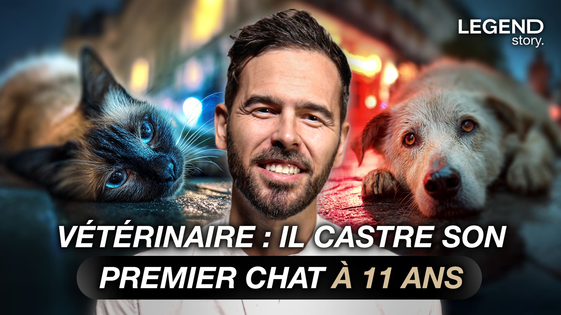Miniature YouTube réalisée par Nux-Studio pour le segment 'Legend Story'. Le visuel présente un homme souriant (le vétérinaire invité) en gros plan central. Il est encadré par un chat Siamois ou de race similaire à gauche et un chien à droite, créant une ambiance qui attire les amateurs d'animaux. Le titre 'VÉTÉRINAIRE : IL CASTRE SON PREMIER CHAT À 11 ANS' est affiché en lettres blanches percutantes sur un fond noir/gris pour maximiser le taux de clic. Ce graphisme illustre l'expertise de Nux-Studio en direction artistique de miniature (thumbnail) pour des interviews sur des sujets personnels, insolites et des professions (vétérinaire, animaux).