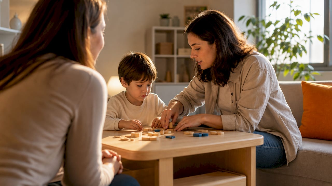 Terapeuta y cuidadora observan una sesión con niños
