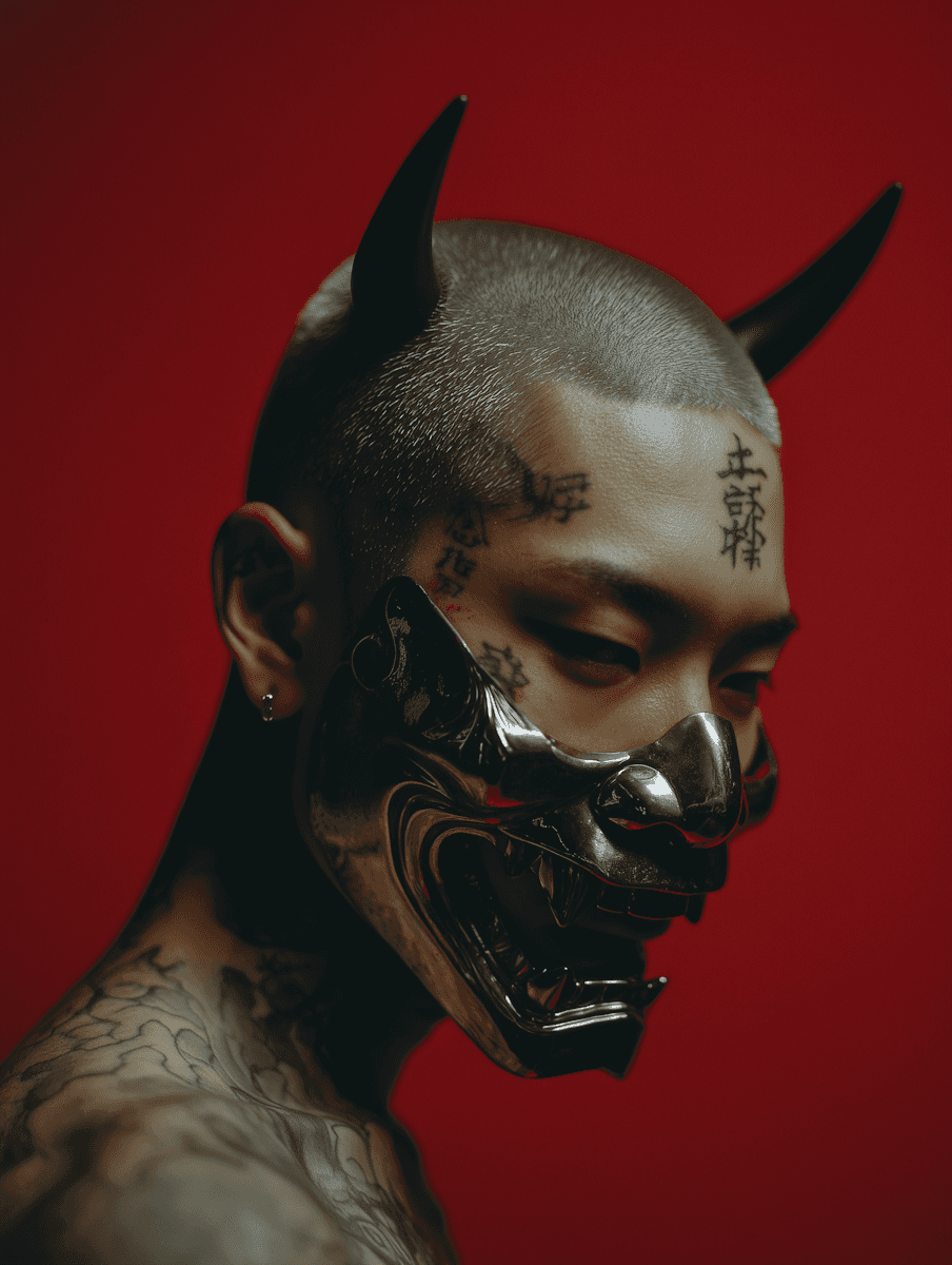 Tattooed man wearing a metallic silver lower-face mask on a red background