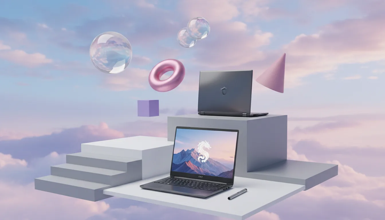 3D product render of a surreal technology showcase, featuring two sleek, dark grey MSI workstation laptops arranged on minimalist white and grey geometric blocks. One laptop is open in the foreground, displaying a wallpaper of a serene mountain range under a pastel sky with a stylized white dragon emblem. A slim digital stylus rests beside it. The second laptop is closed, positioned on a raised grey block, showing its lid. The background is a dreamy skyscape with soft clouds in gradients of blue, lavender, and pink. Floating in the scene are abstract 3D shapes: large pearlescent spheres, a metallic pink torus, a small violet cube, and a matte pink cone. Soft global illumination creates a clean, futuristic aesthetic, Blender style.