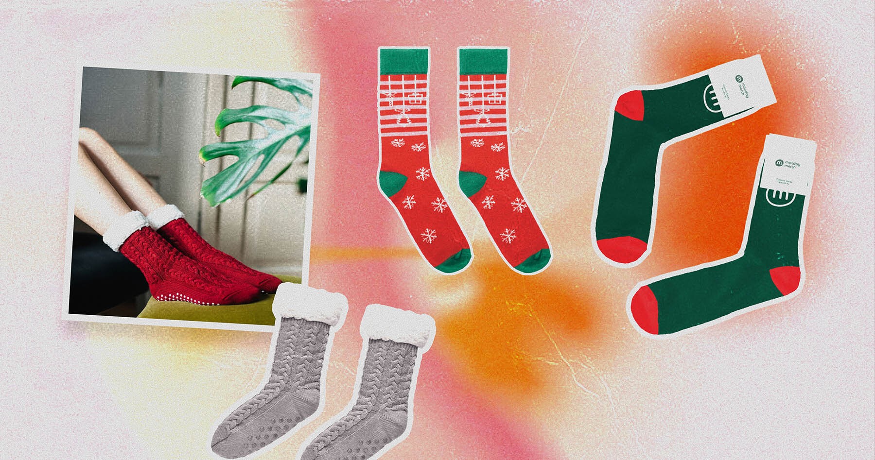 Festive Christmas socks in red and green, perfect employee holiday gift idea