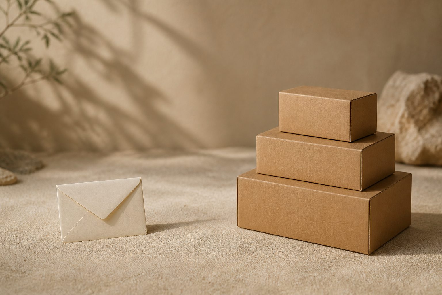 A stack of kraft boxes with one cream envelope set apart by a visible gap