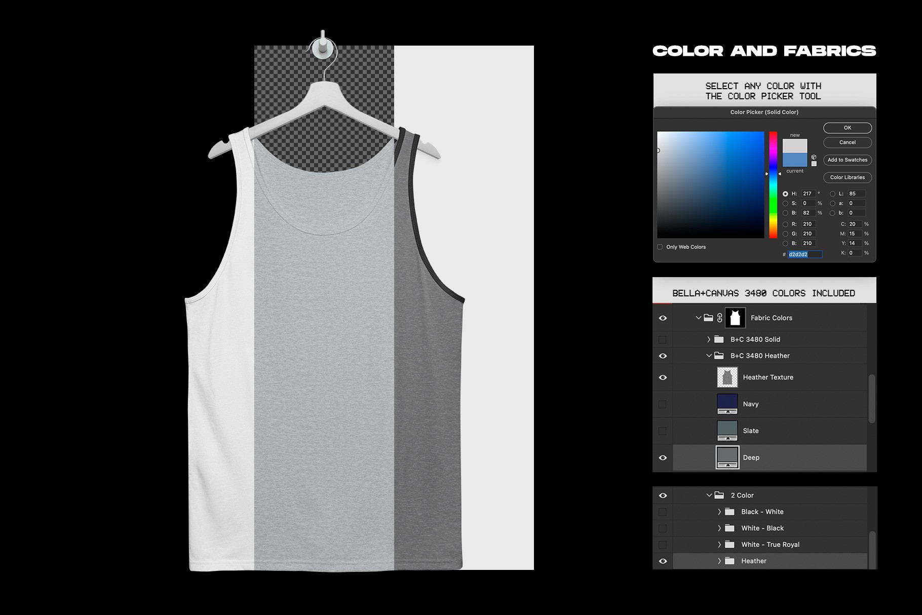 Bella+Canvas 3480 Tanktop Hanging mockup fabric color options with Photoshop controls