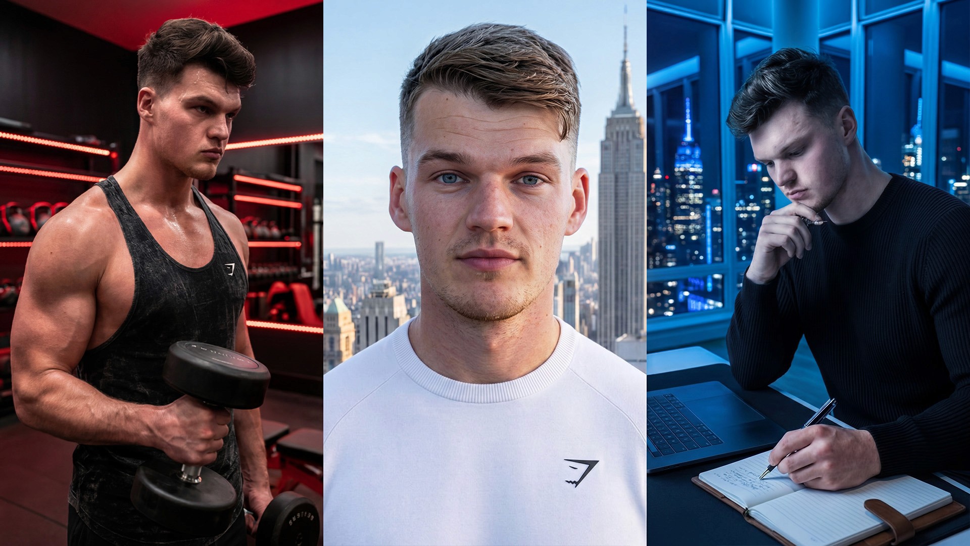 For Gymshark we developed branding direction, reviewed photoshoots, and designed high performance thumbnails for Ben Francis vlogs. Max Behrens and Dimcha Aiwi shaped visual identity and content packaging for stronger clarity and recognisable impact.