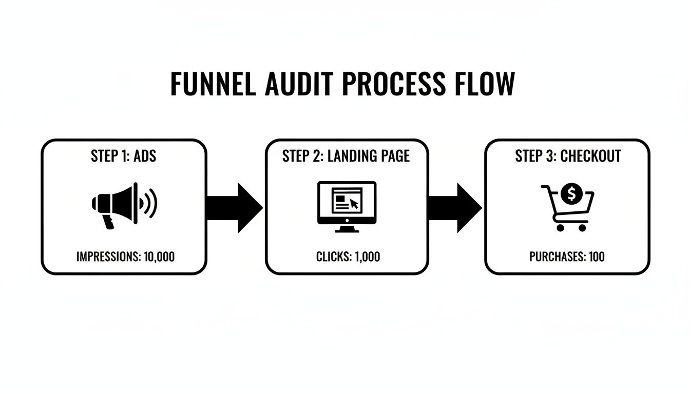 A visual flowchart of a marketing funnel audit process, showing ads, landing page, and checkout steps with conversion metrics.