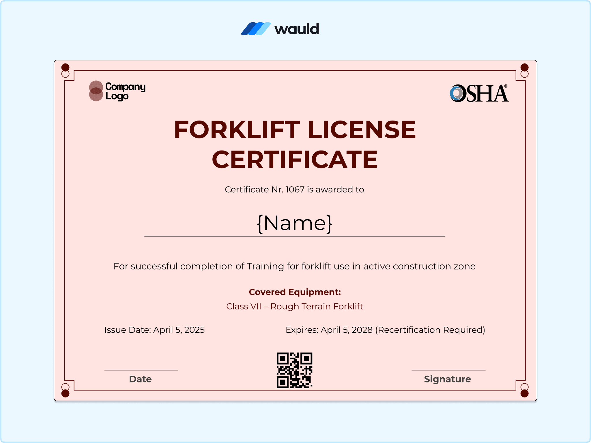 Soft peach background forklift license certificate template with recipient name field, covered equipment, certificate dates, QR code, and signature line
