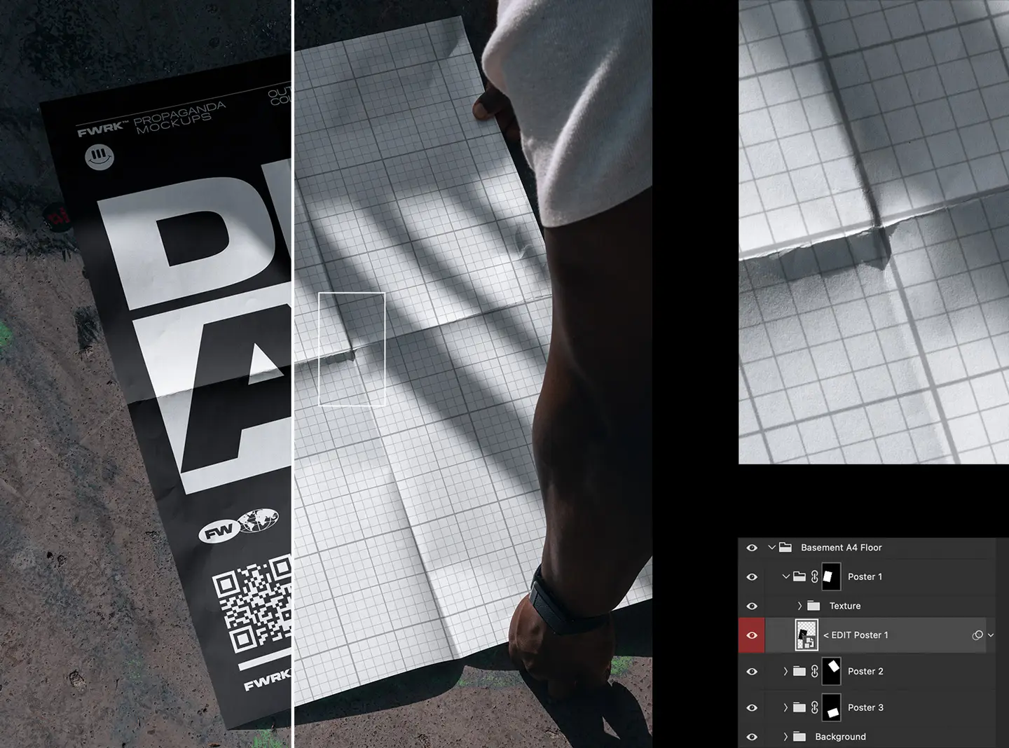 Close up view of the Outdoor A2 Poster Mockup highlighting the Photoshop smart object grid and organized layer panel