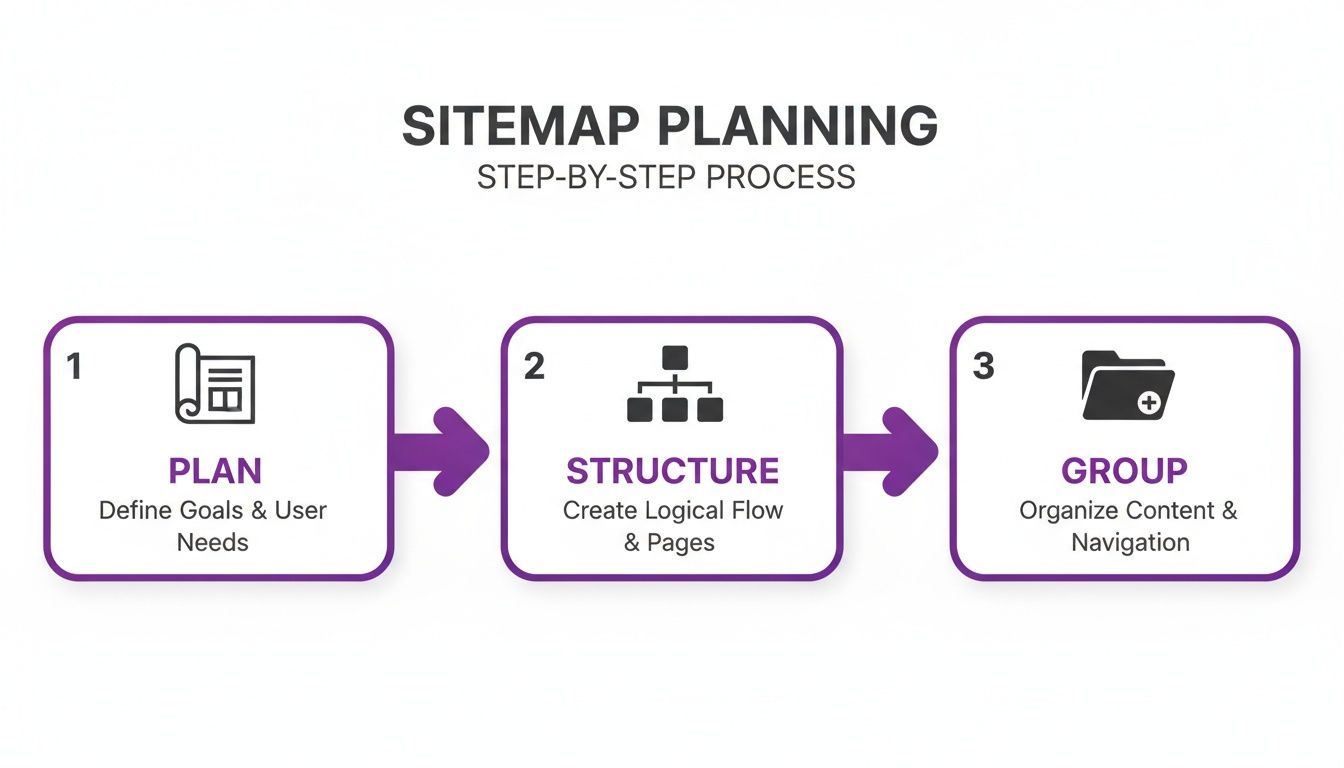 Step-by-step process for sitemap planning, including plan, structure, and group phases.