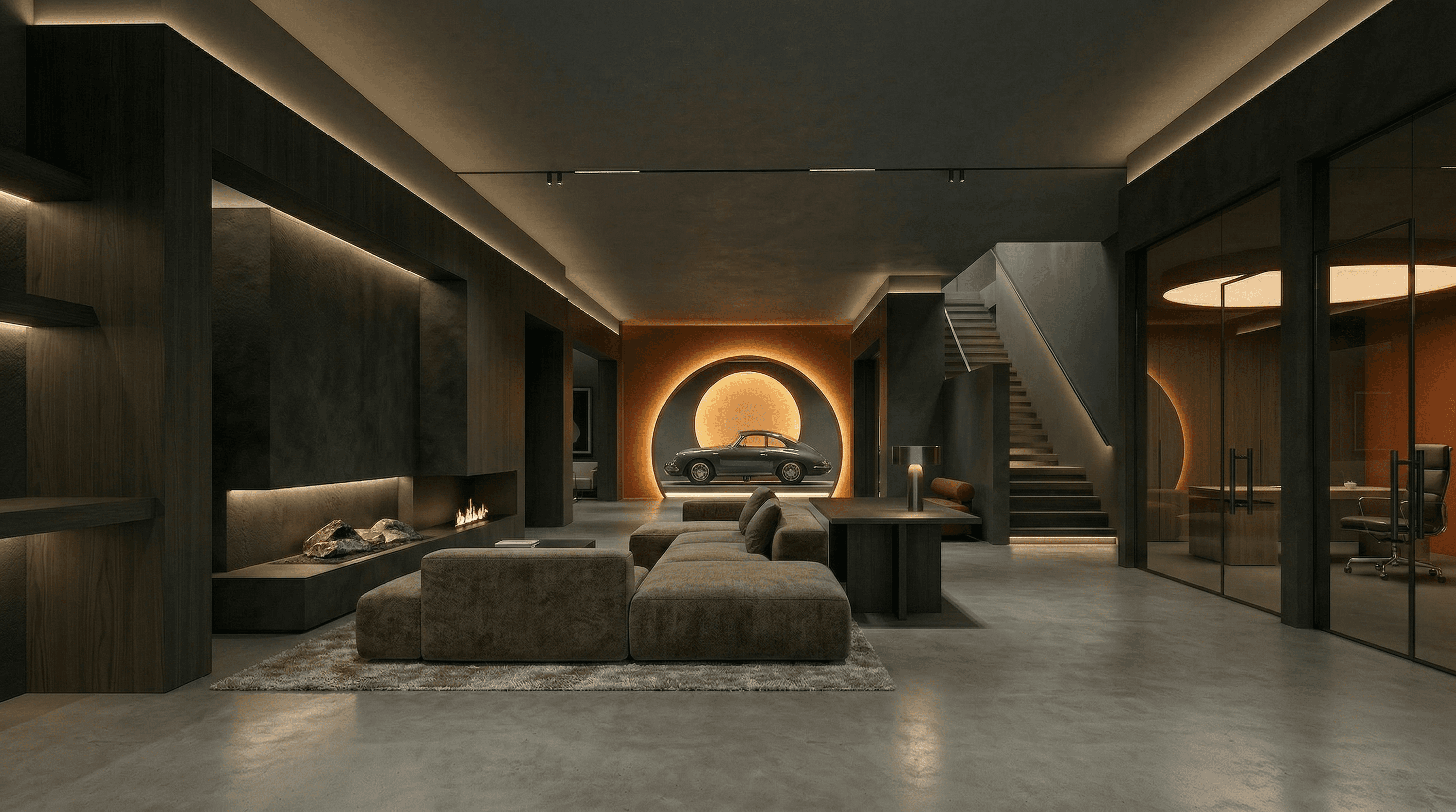 Lower interior members lounge rendering showing moody vibe, classic cars, racked storage and comfy lounge furniture, Montana cozy but very sexy