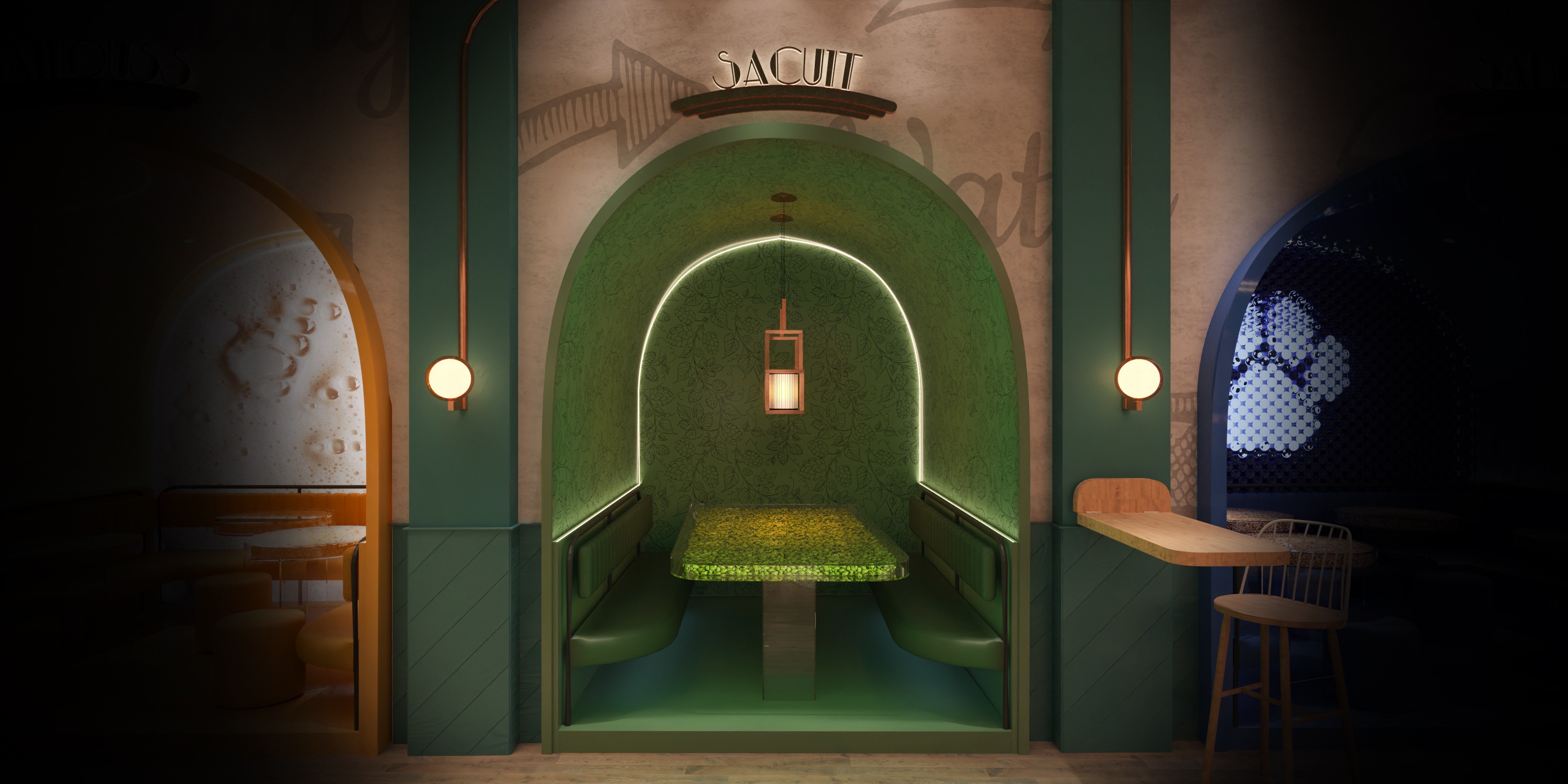 Hops room of Tiger Bock design concept bar in Strasbourg with creative materials and direction inspired by beer brewing 