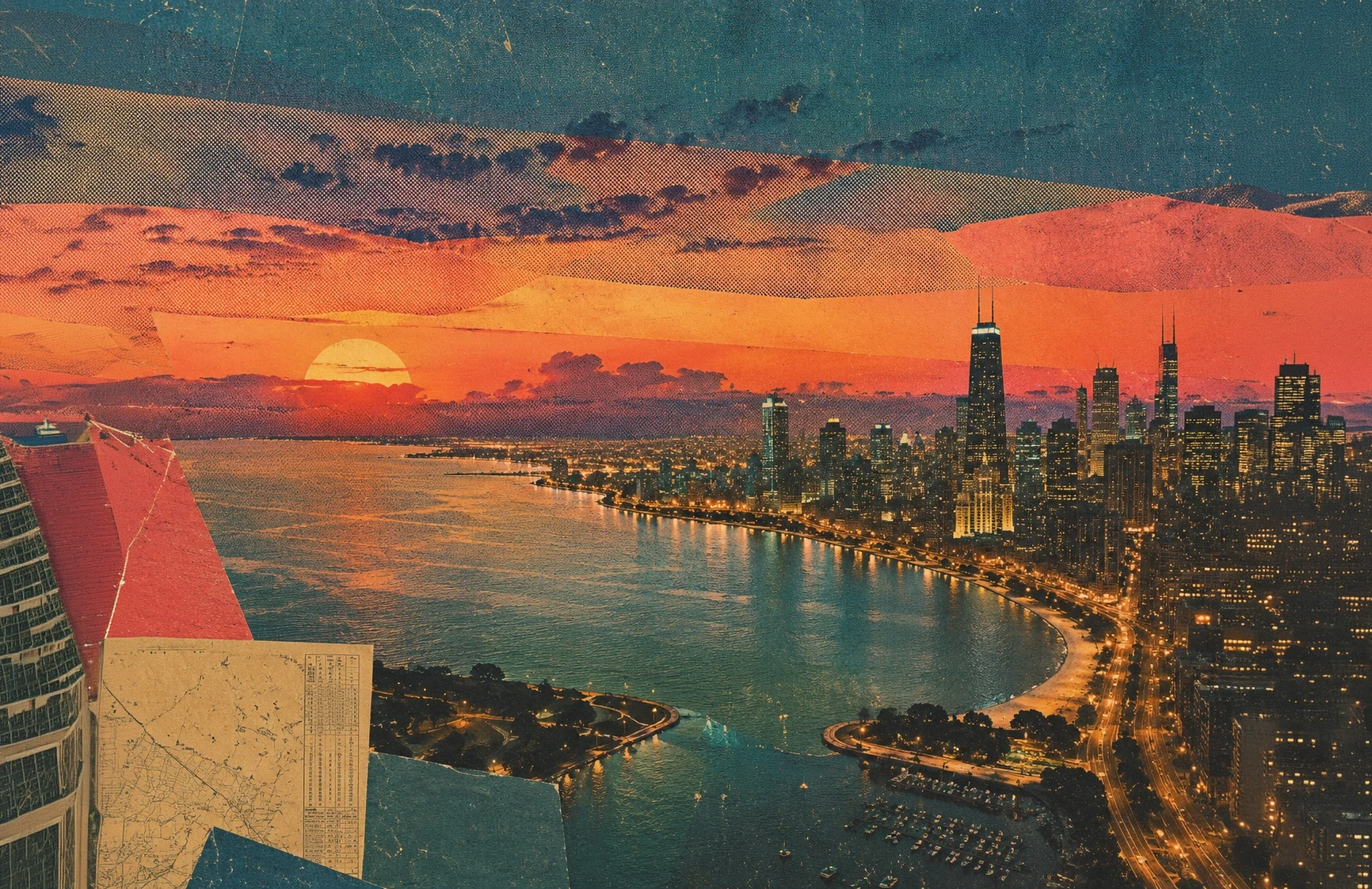 Aerial view of a lake and city lights at dusk under a colorful sunset sky
