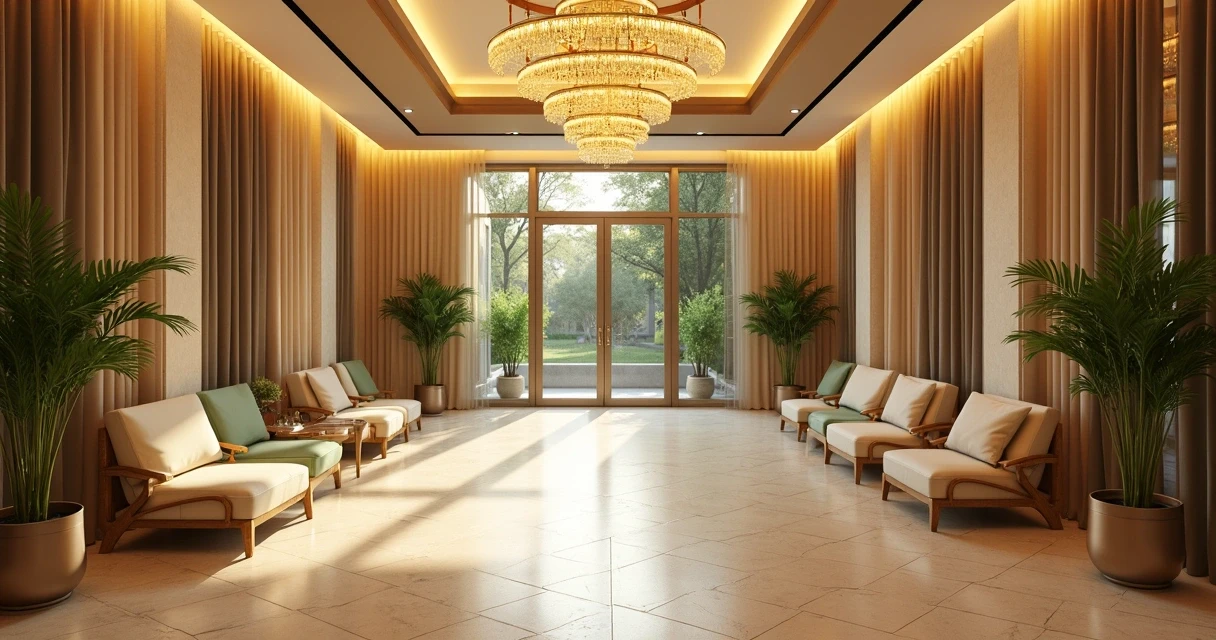 Recepção de clínica decorada com bandeiras verdes e amarelas 