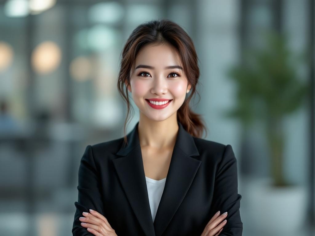 Portrait of a smiling Asian businesswoman in a black blazer with her arms crossed.