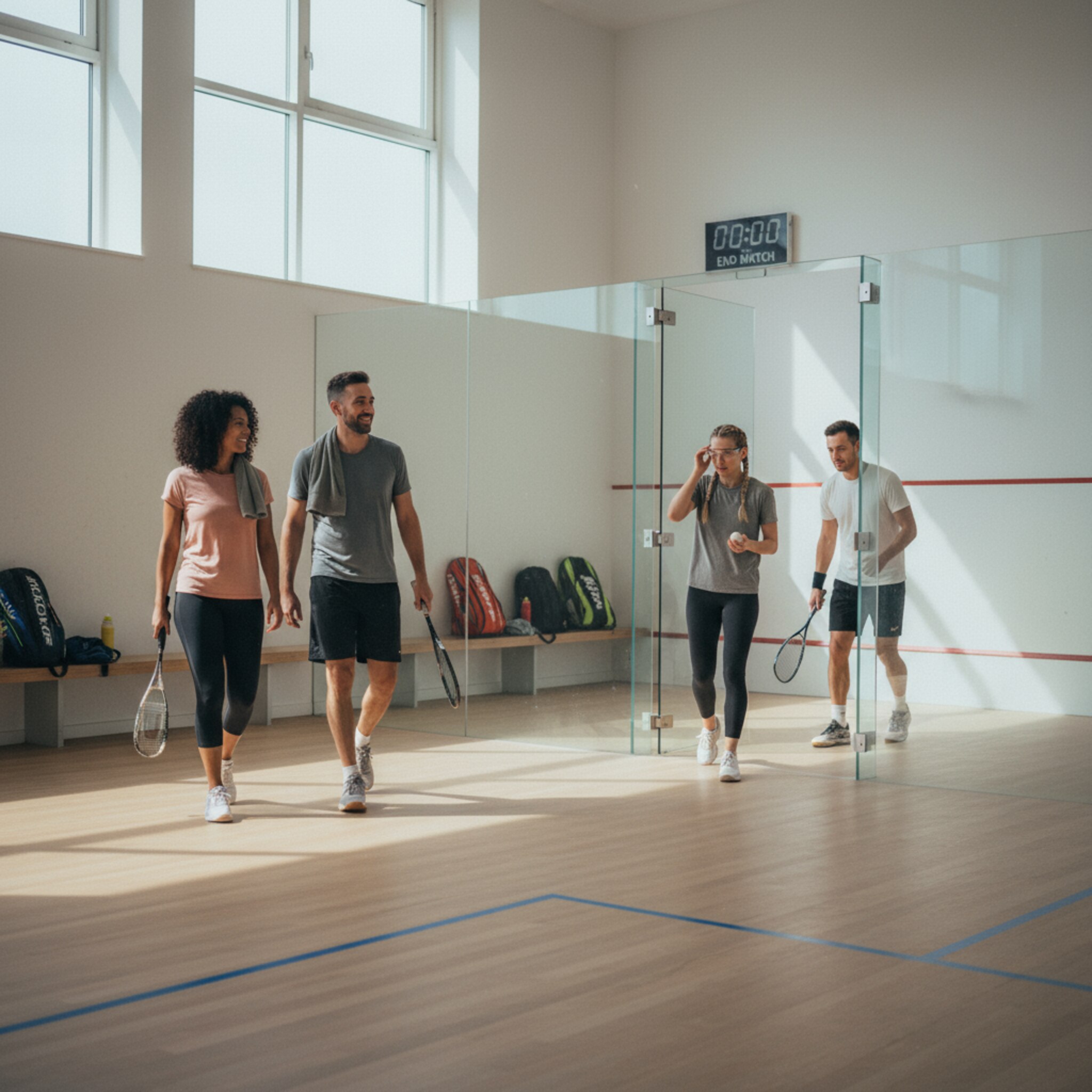 Ein Court wird frei, zwei Spieler klatschen sich ab und verlassen die Fläche. Ohne Verzögerung betritt das nächste Paar den Raum, Schläger bereit, der erste Aufschlag ist nur einen Atemzug entfernt. Die Atmosphäre wirkt geordnet und dynamisch, Übergänge sind fließend und planbar.