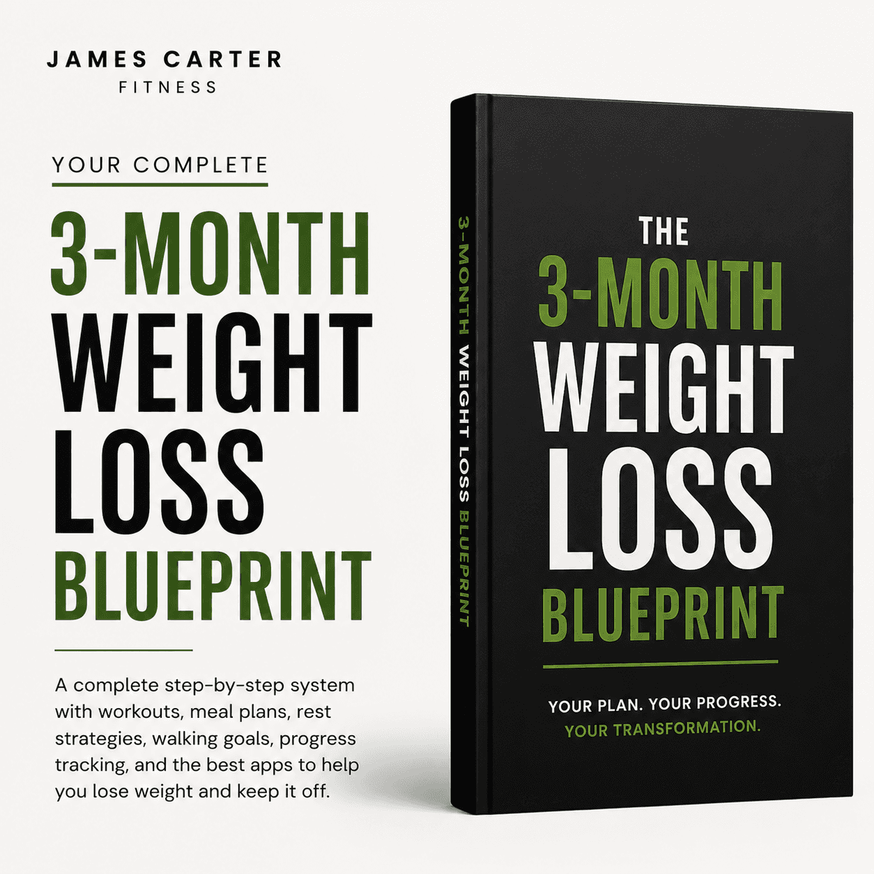 The 3-Month Weight Loss Blueprint book mockup and promotional text by James Carter Fitness.