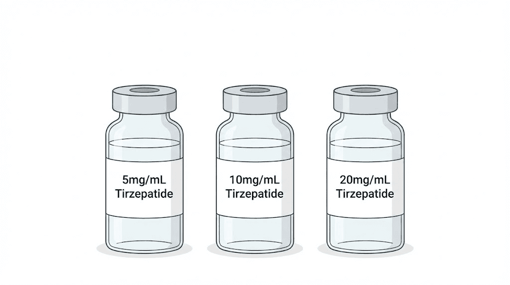Compounded tirzepatide concentration comparison showing 5mg/mL, 10mg/mL, and 20mg/mL vials