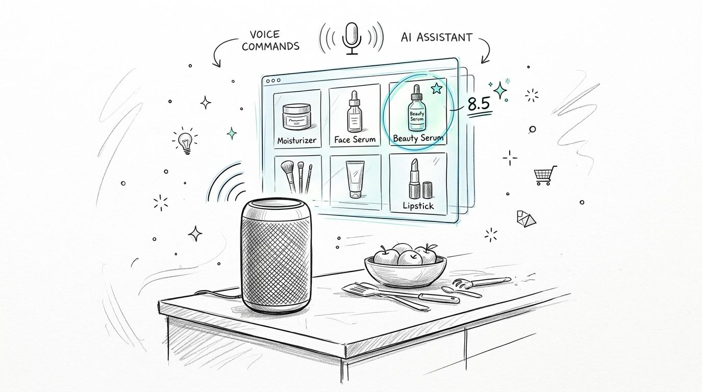 A digital illustration showing a smart speaker using AI to calculate a beauty score for facial products.