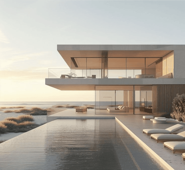 contemporary home with glass walls and pool