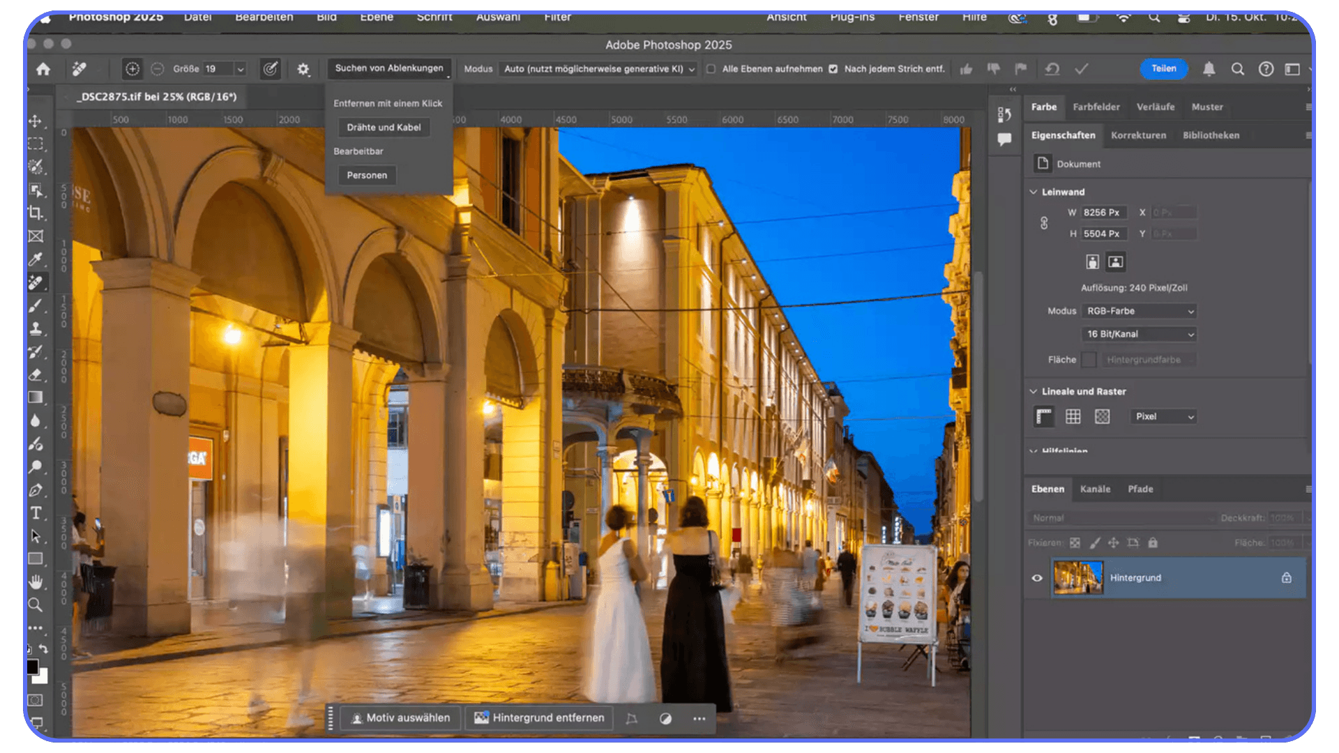 Adobe Photoshop 2025 interface editing a night city street photo under yellow lights, with distraction removal tool options visible.