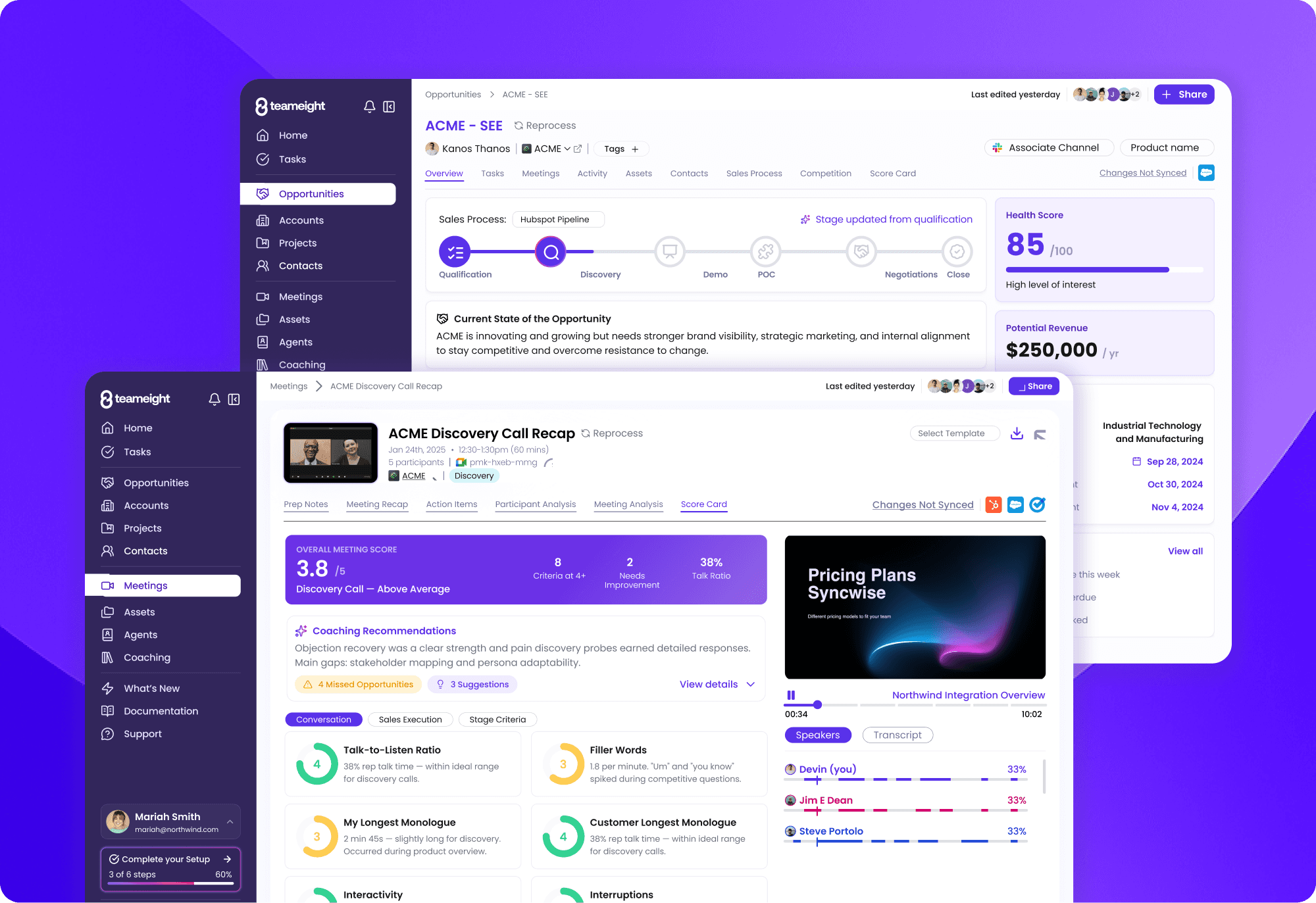 Teameight web app: opportunity overview and discovery call recap scorecard