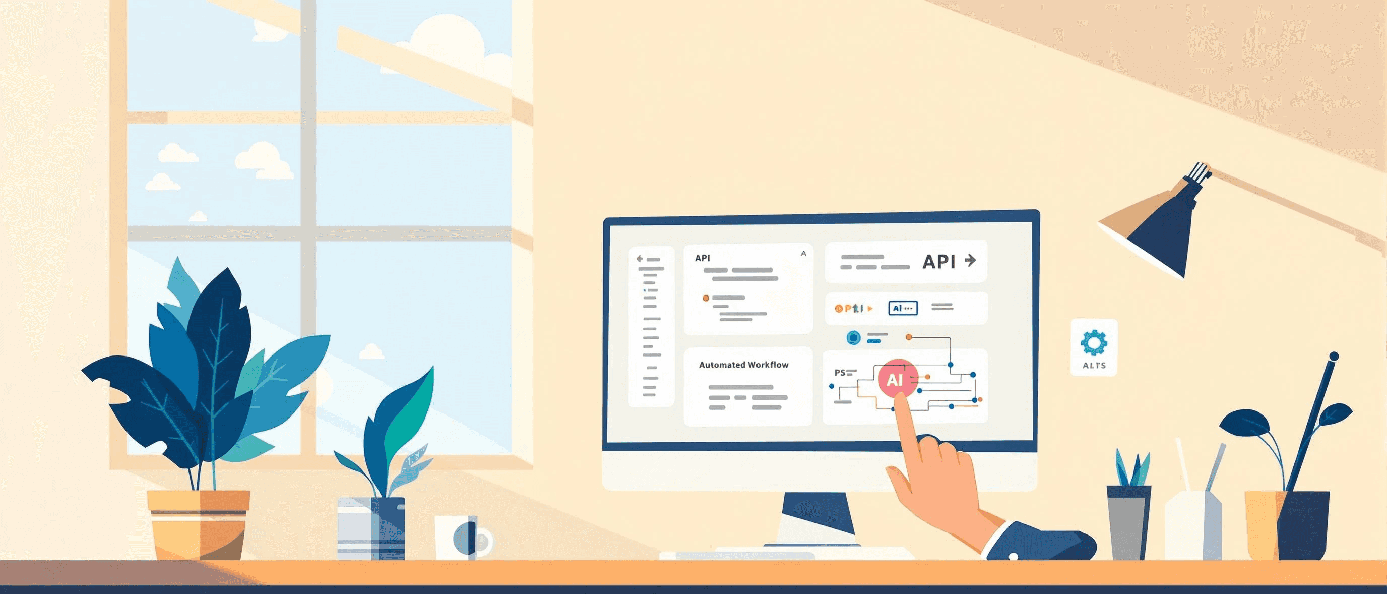 A modern workspace featuring a computer screen displaying API development interfaces with automation and AI tools, surrounded by potted plants on a wooden desk under a sunny window.