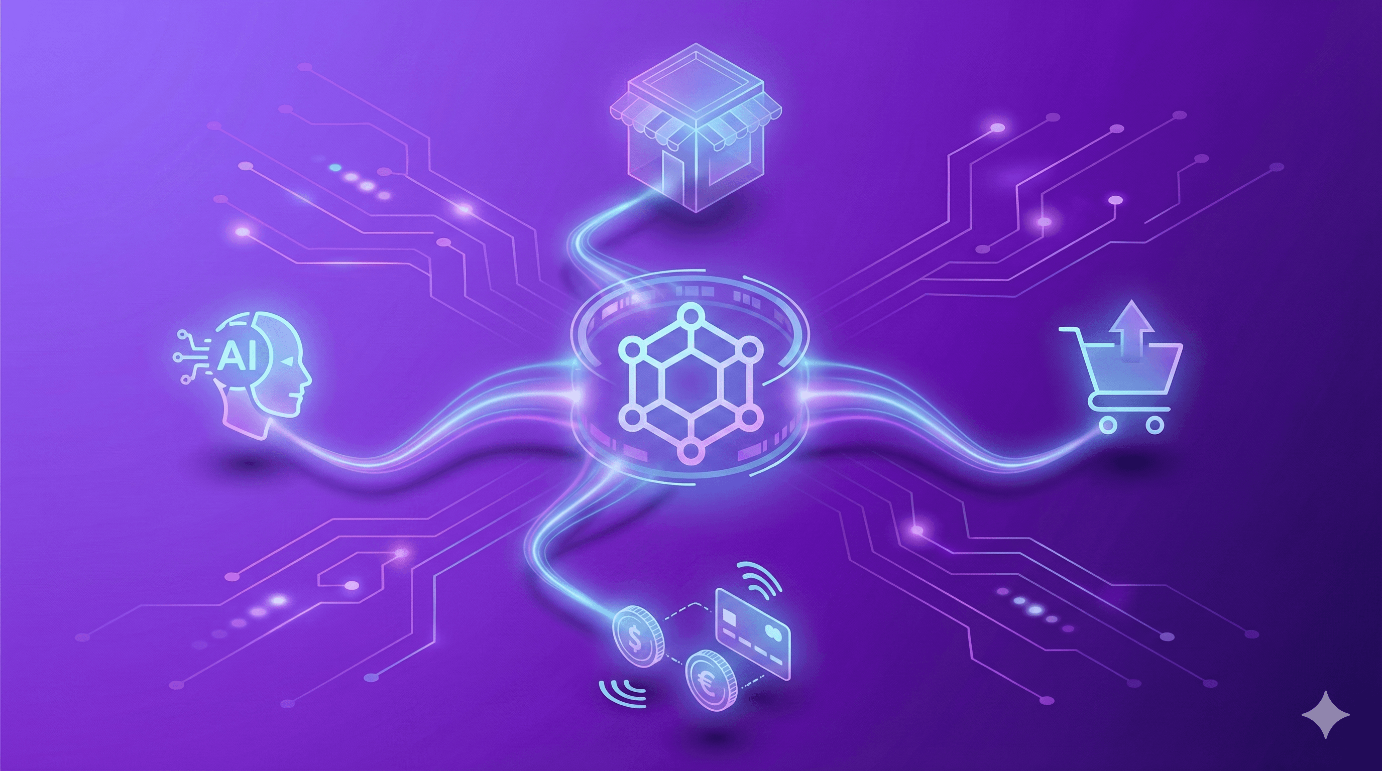 Isometric illustration of a glowing purple hexagonal hub connecting an AI head, a store, payment icons, and a shopping cart.