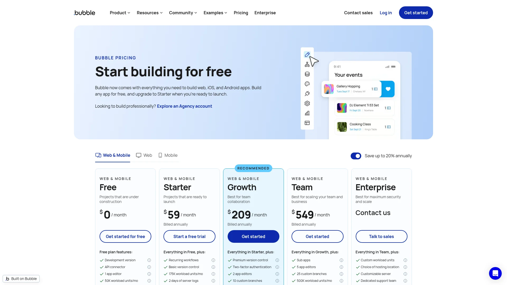 Bubble.io pricing page showing Free, Starter, Growth and Team plans with Workload Units