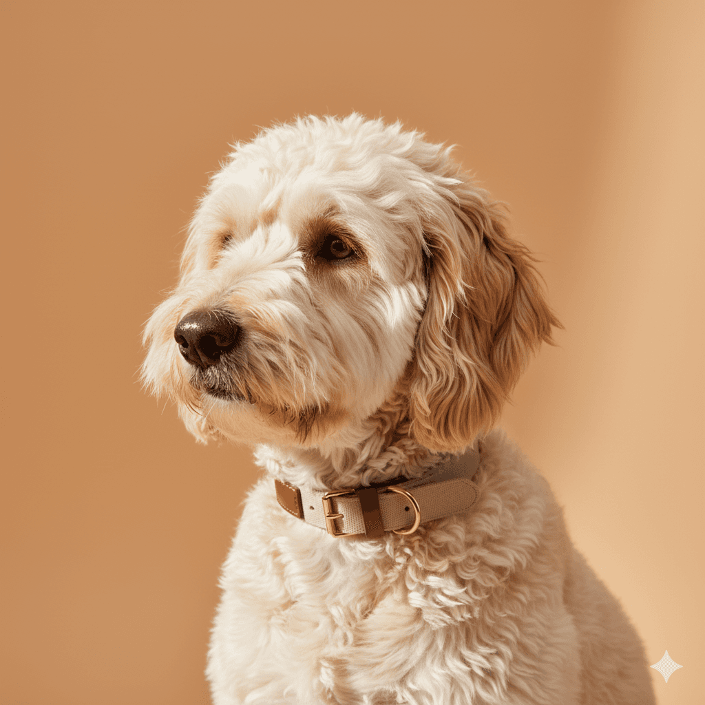 Dog sitting on a studio set with a solid warm mustard yellow background, soft diffused lighting, lifestyle photography style, rounded-corner frame look, cozy modern DTC aesthetic, no text.