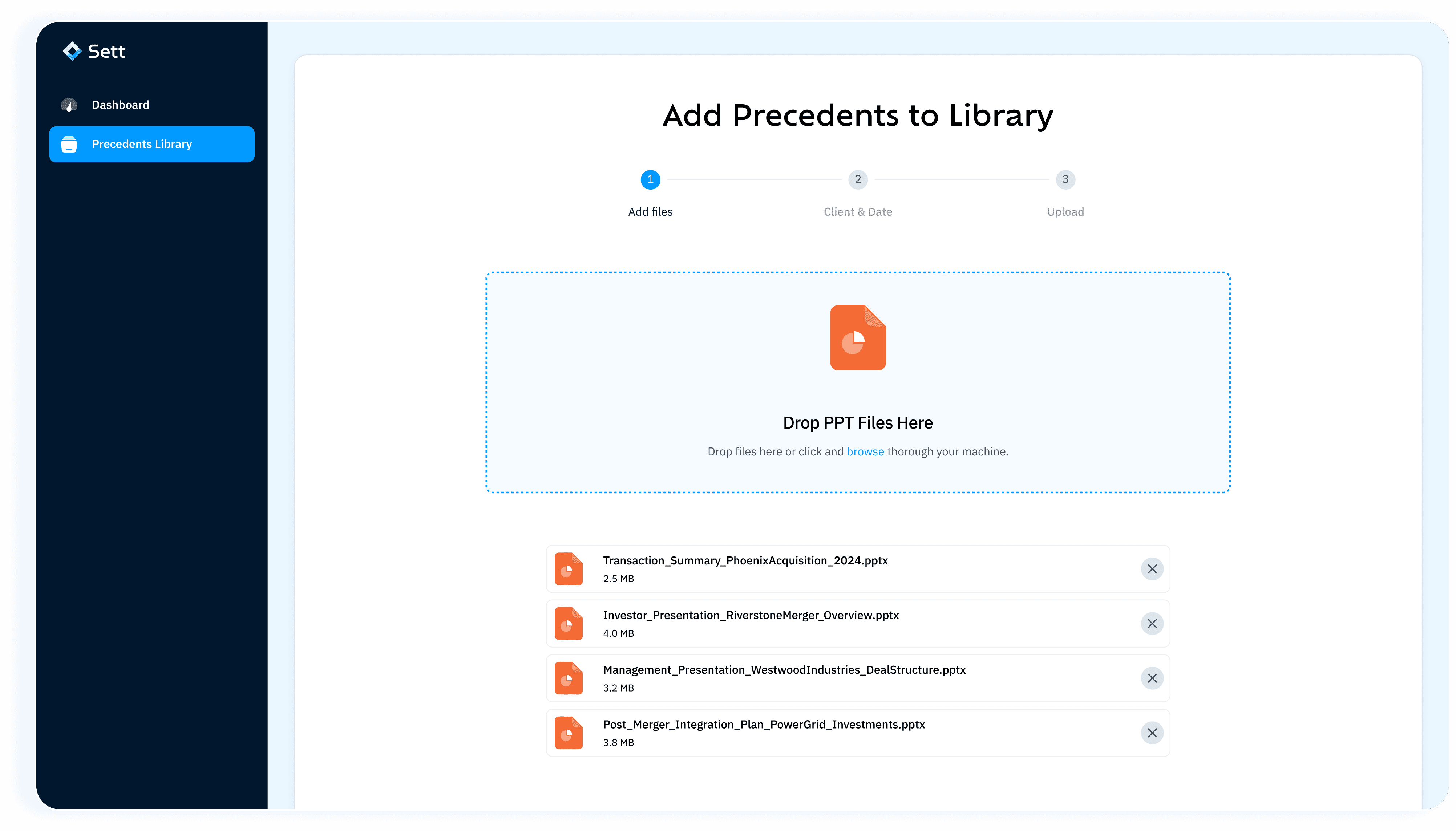 Sett interface screen with 'Add Precedents to Library' section for uploading PPT files