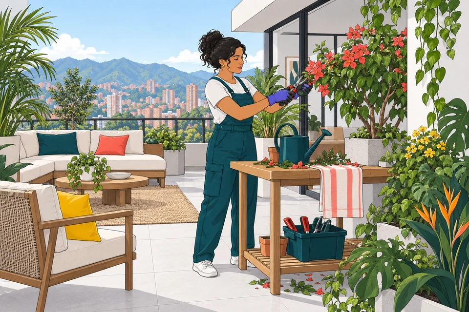 Profesional de jardinería cuidando un espacio verde en Colombia