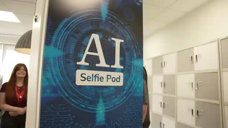 Branded AI selfie pod activation at the L&G Retail Tech Summit, inviting attendees to create interactive, AI-generated photos.
