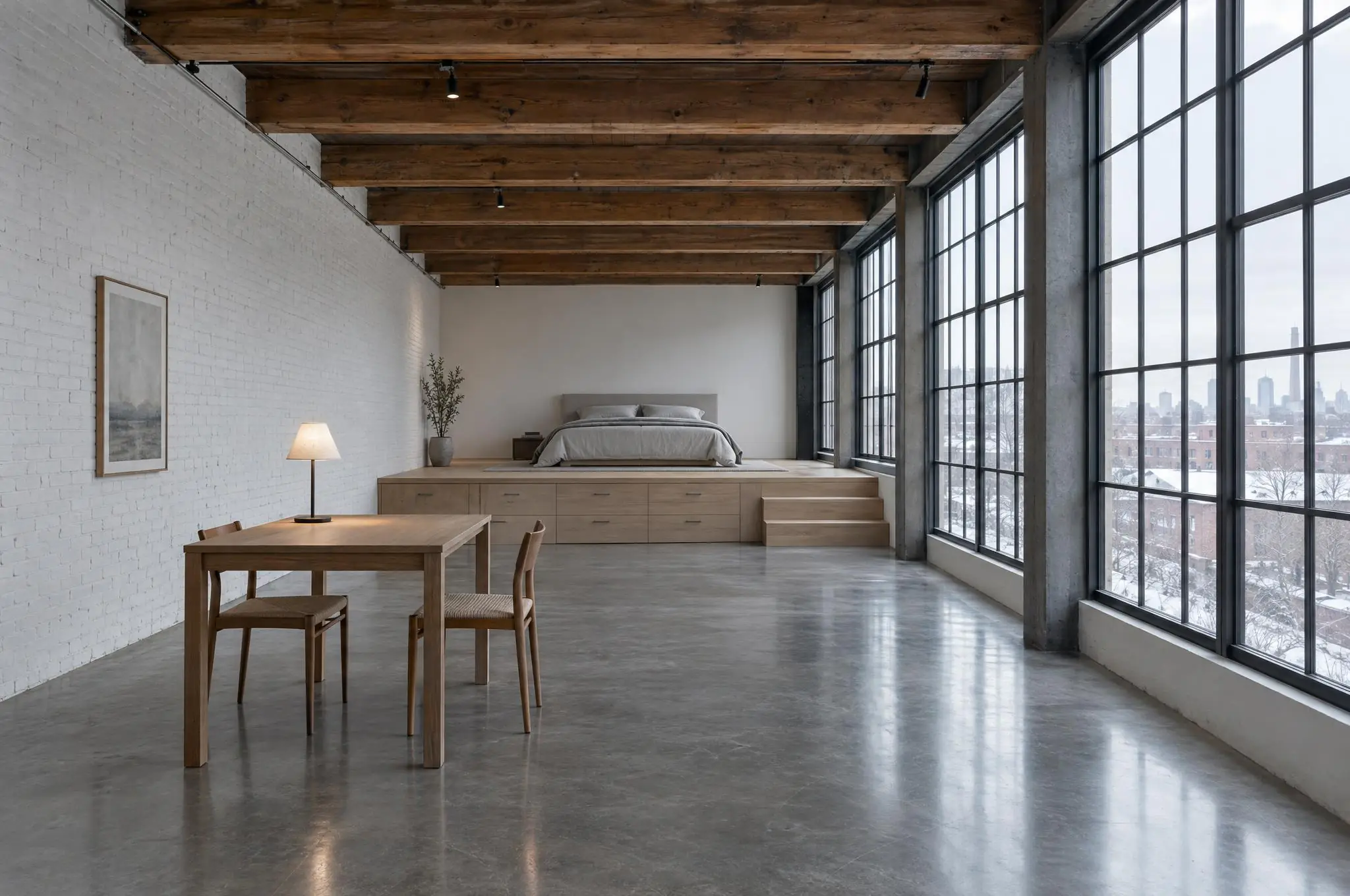 Converted warehouse loft in Northeast Minneapolis with a raised white oak sleeping platform, exposed timber beams and tall steel windows
