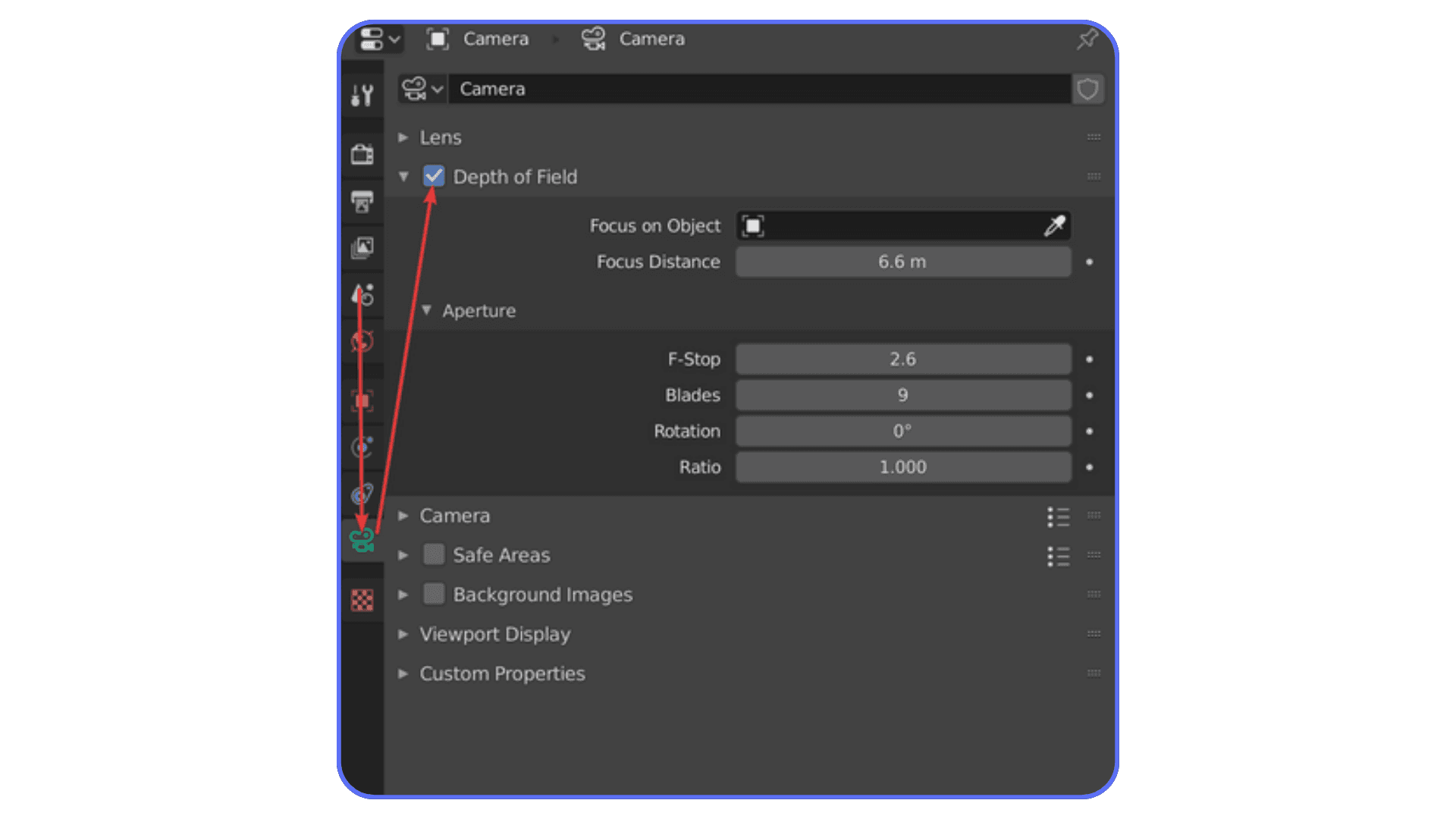 Blender camera settings panel highlighting depth of field enabled for realistic focus blur