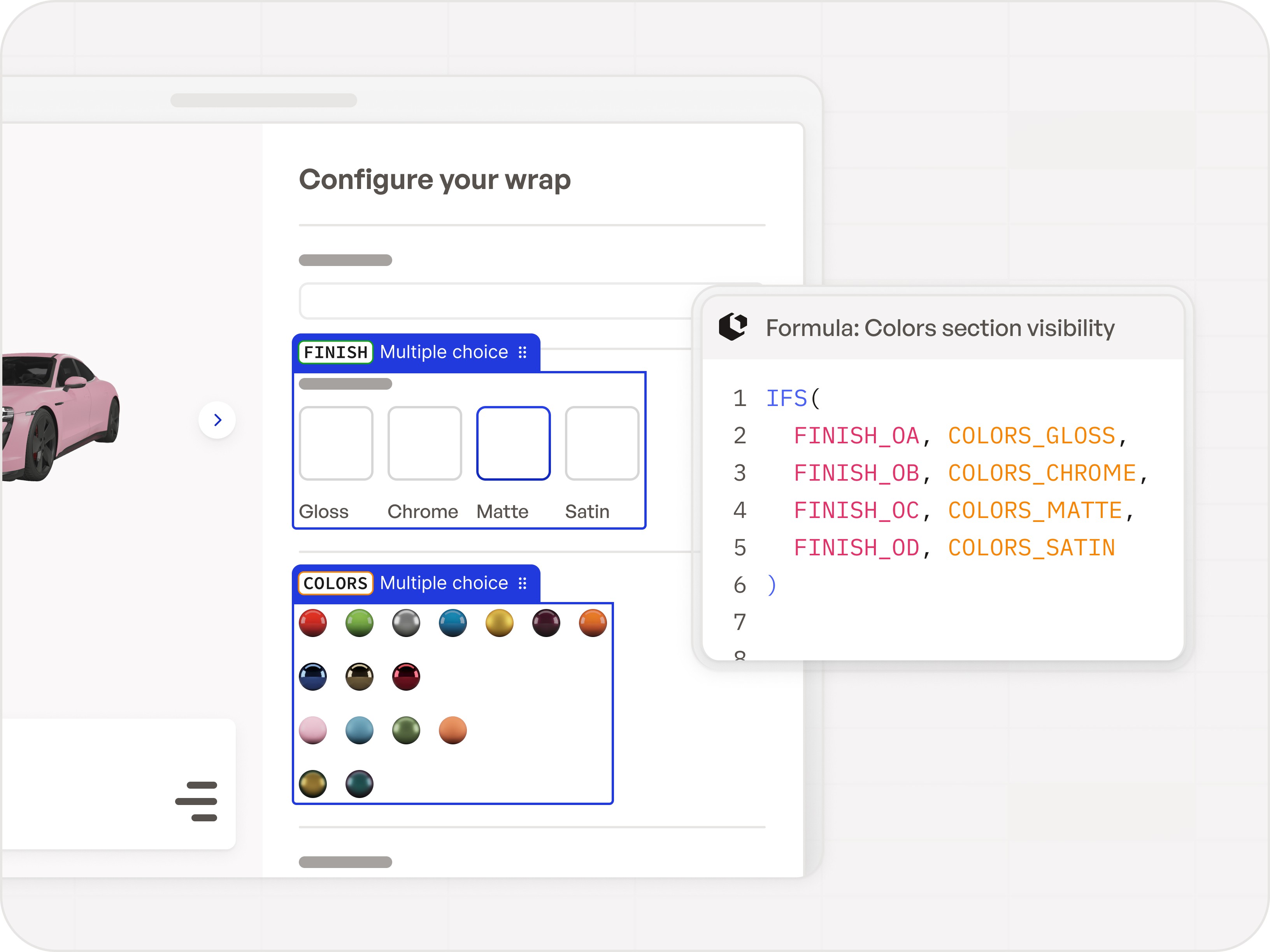 Product configurator with multiple choice questions