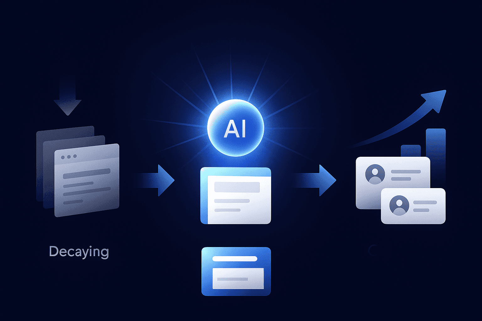 Flow diagram from outdated pages to refreshed AI-cited content to rising revenue