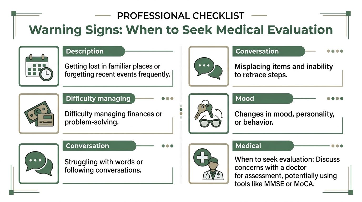 A professional checklist infographic detailing warning signs of memory loss and dementia to monitor for medical evaluation.