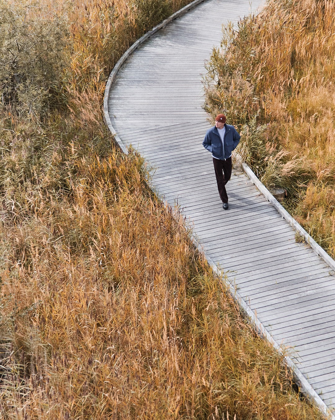 Vue de haut, un homme marche sur un sentier en planche au milieu des herbes dans le lookbook de Norse Projects