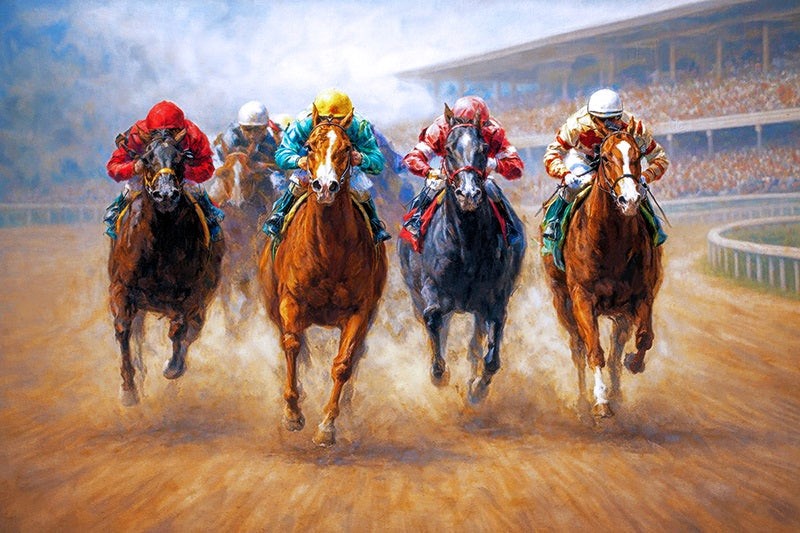 Thoroughbred racing painting of horses turning at speed on racetrack with dirt flying