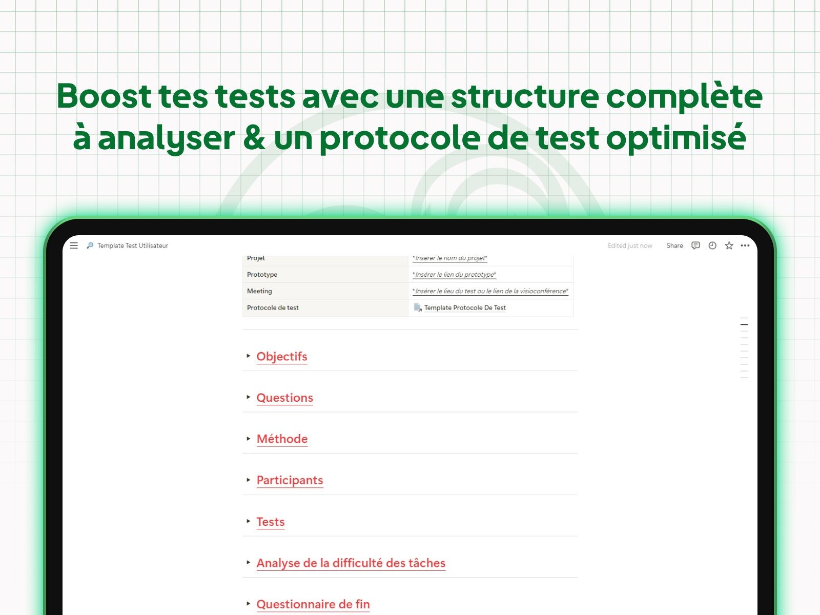 Présentation de la template Test Utilisateur Guidé  créée par Ilies MANATA freelance Ux / Ui Designer et Développeur Framer