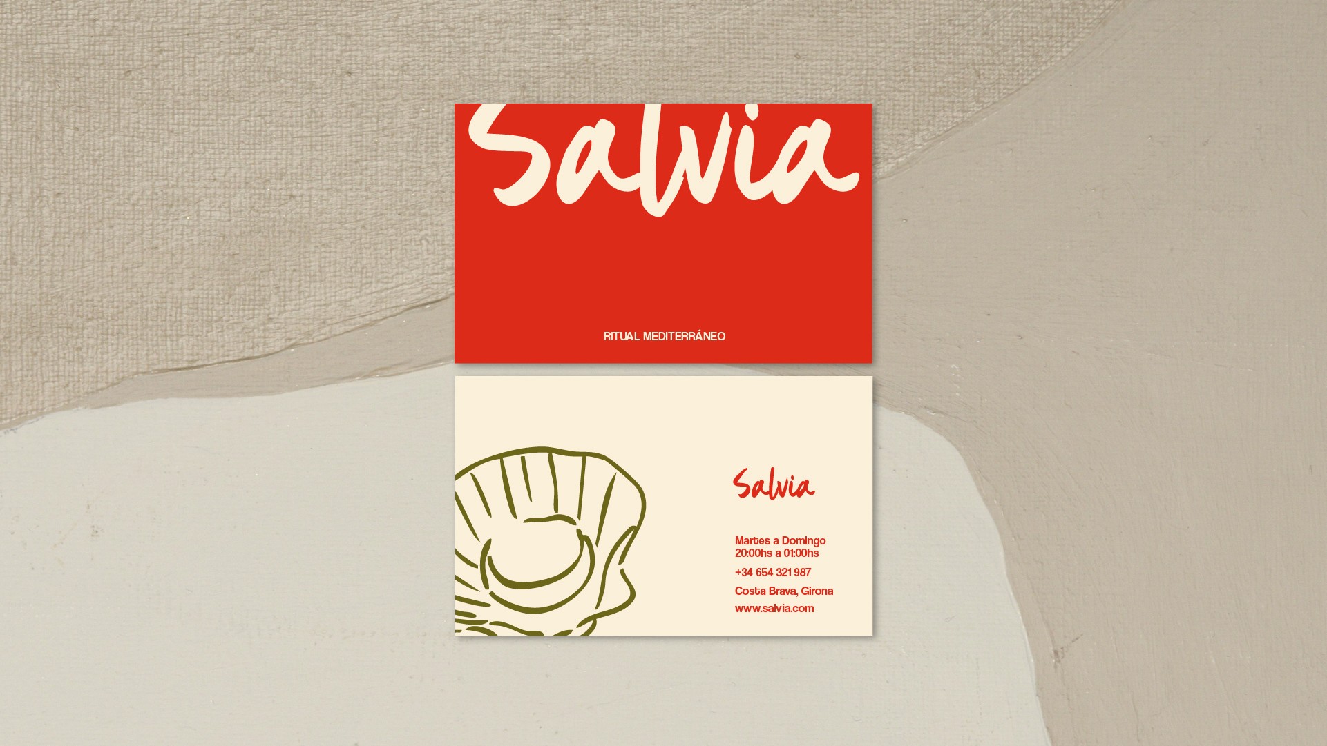 The image showcases a stylish business card with a vibrant red upper section featuring bold white handwritten text, and a cream lower section with elegant line art of a shell and contact details for a Mediterranean restaurant.